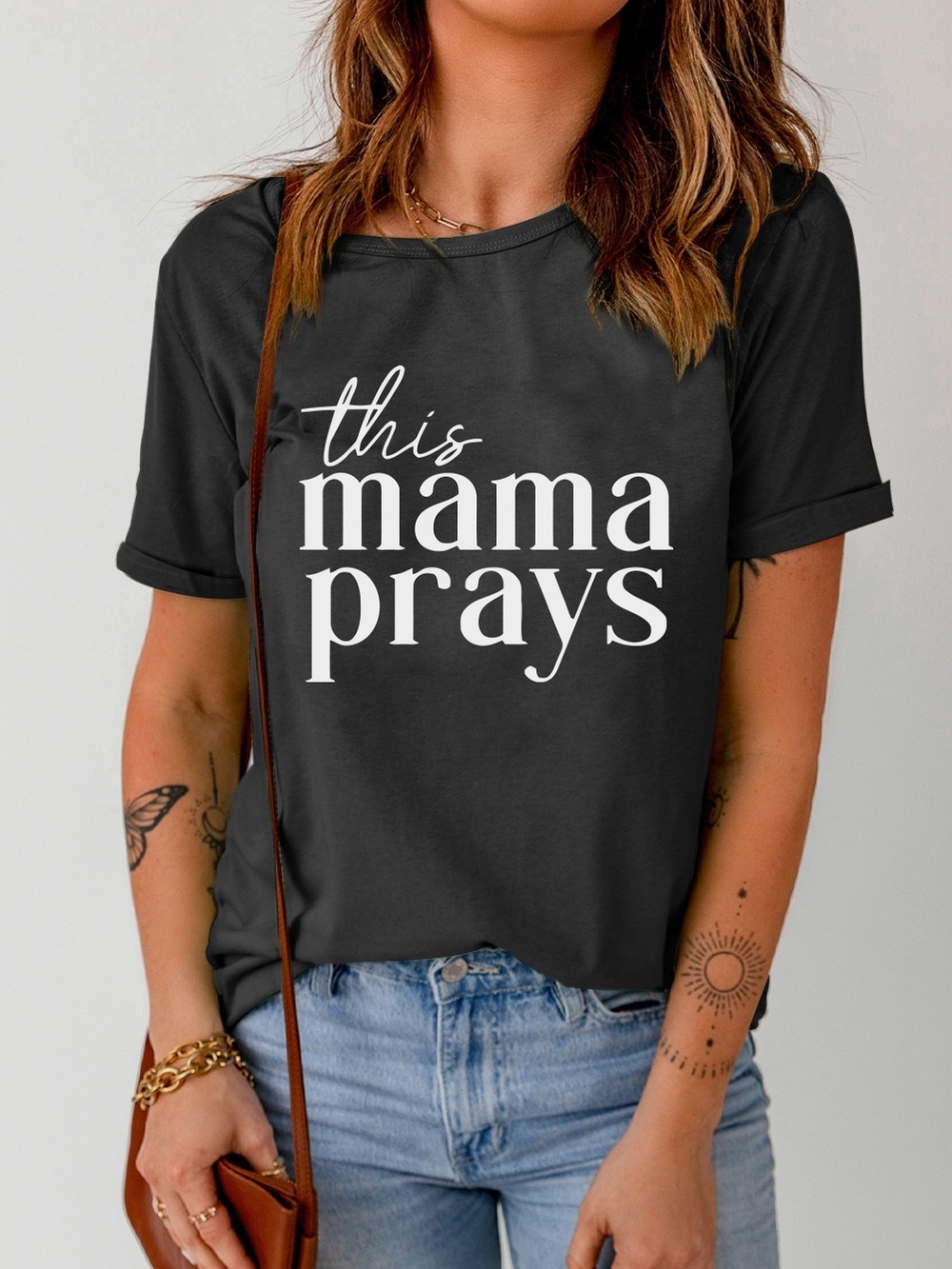 This Mama Prays Graphic Tee - Black